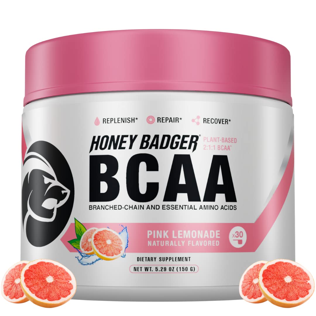 Honey Badger BCAA + EAA Amino Acids Electrolytes Powder, BCAAs + L-Glutamine, Keto, Vegan, Sugar Free for Men & Women, Hydration & Post Workout Muscle Recovery Drink Mix, Pink Lemonade, 30 Servings