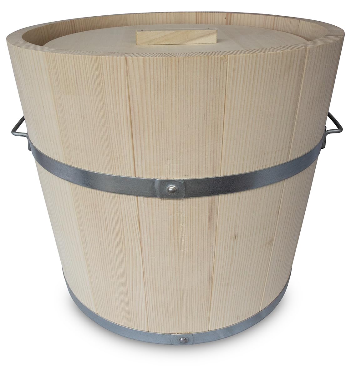 KERAZO Fermentation Bucket with Lid - Natural Fermentation Barrel with Metal Strapping and Handles - Wooden Sauerkraut Barrel for Fermentation of Vegetables, Kimchi, Cucumbers - Wooden Fermentation