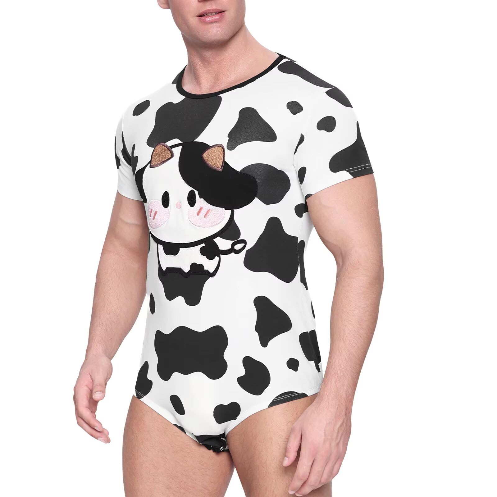 Landofgenie Body Homme Manches Courtes en Coton avec Imprimé Vache et Boutons-Pression à l'entrejambe, Pyjama Confortable ou sous-vêtement Onesie
