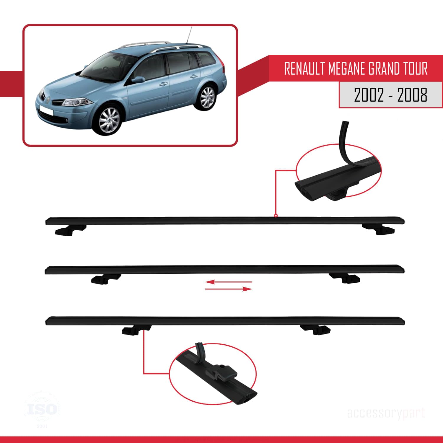 MDAK Bagażnik dachowy kompatybilny z Renault Megane Grand Tour 2002-2008 Basic Model, bagażnik dachowy, czarny, aluminium, 3 drążki