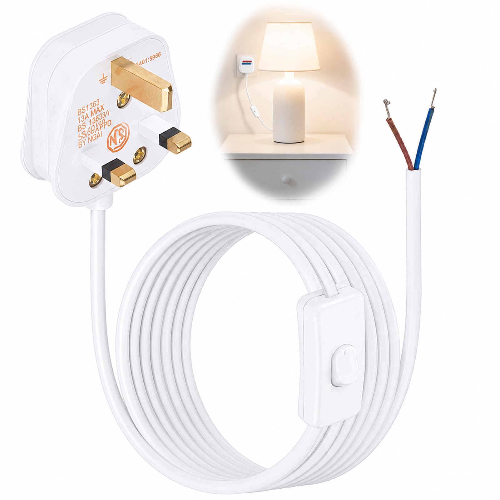 Table Lamp Switch Cable, 2 Core 1.8m Inline Light Switch with UK Plug and 13A Fused, 250V 6A Pre-Wired Power Cord for Table Lamps, Wall Lamps, and Floor Lamps (White)