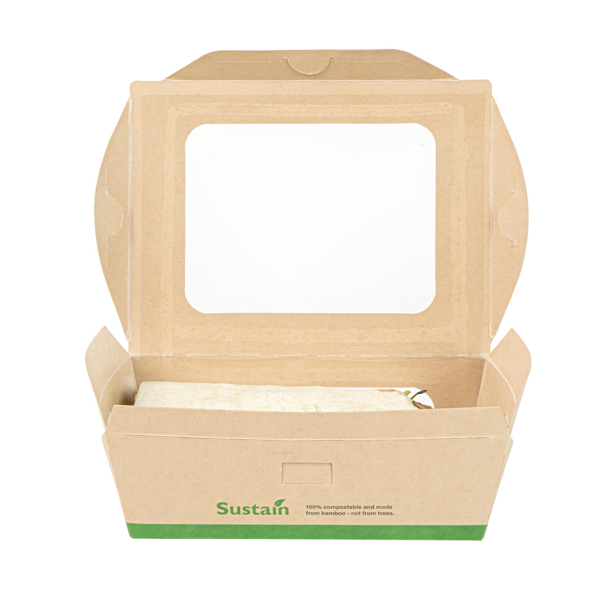 Restaurantware - Cajas de papel resistentes de 28 onzas, 50 recipientes desechables para alimentos, con forro de ácido poliláctico, dos ventanas transparentes de ácido poliláctico, contenedores de