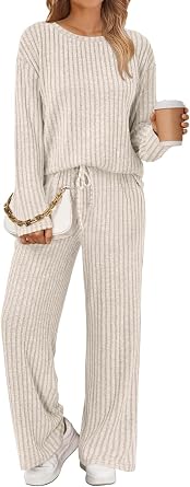 Womens 2 Piece Lounge Pajama Sets Fall Pajamas for Women Set Ribbed Knit Outfits Long Sleeve Casual Sweatsuits