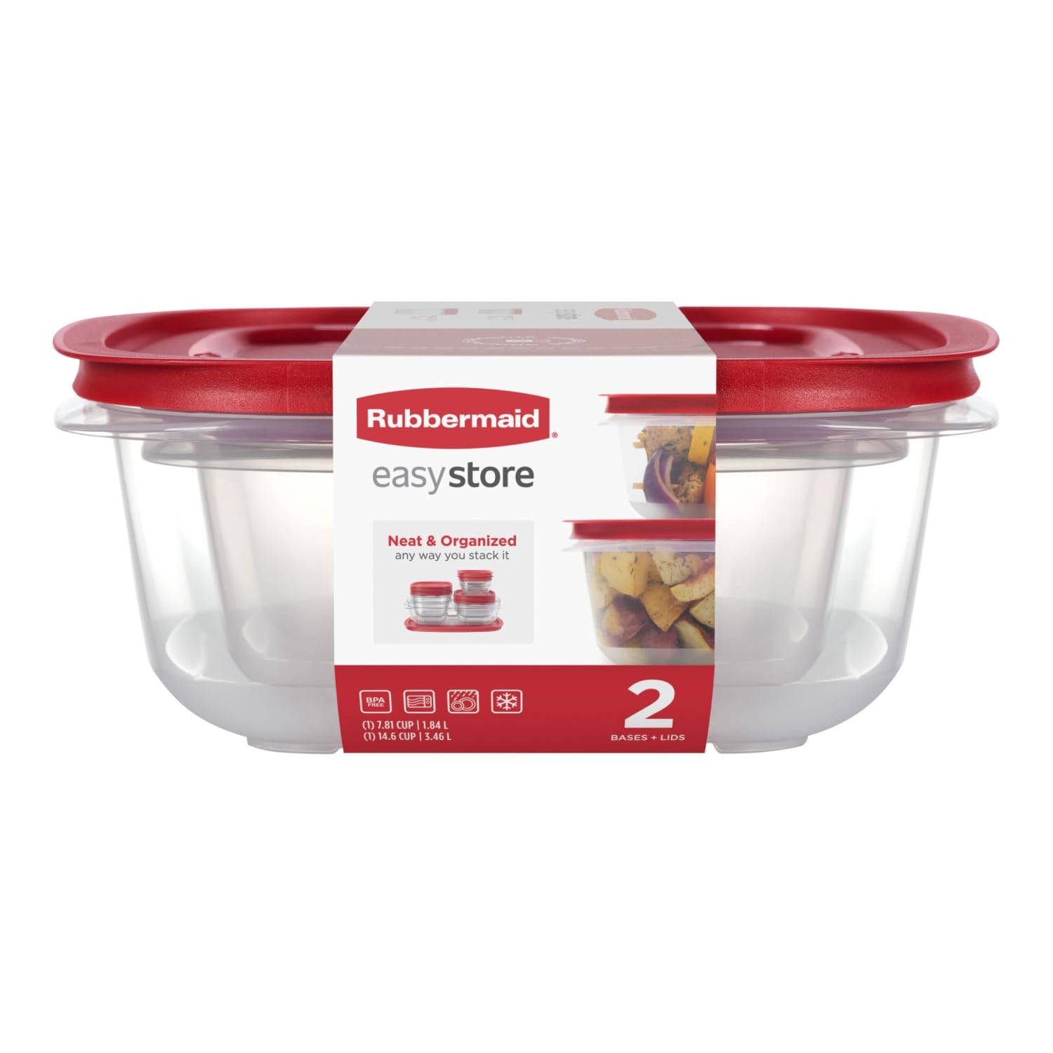 7.81- and 14.66-Cup EasyStore Square Containers, 2 Pack, Food Storage Containers, Food Storage Containers with Lids