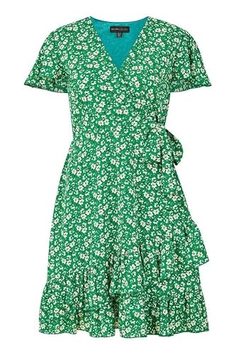 Image of Yumi Green Ditsy Floral Wrap Frill Dress (UK, Numeric, 20, Regular, Regular, Green)