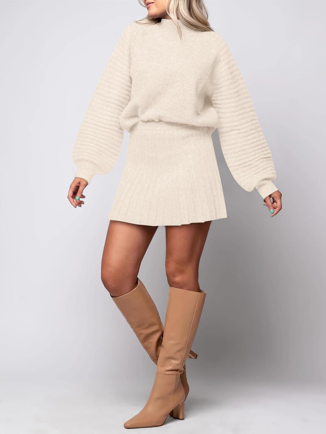 COCCKO Womens 2 Piece Skirt Sets Fall Fashion 2025 Mock Neck Ribbed Knit Sweaters And Mini Skirt Two Piece Outfits - Image 3