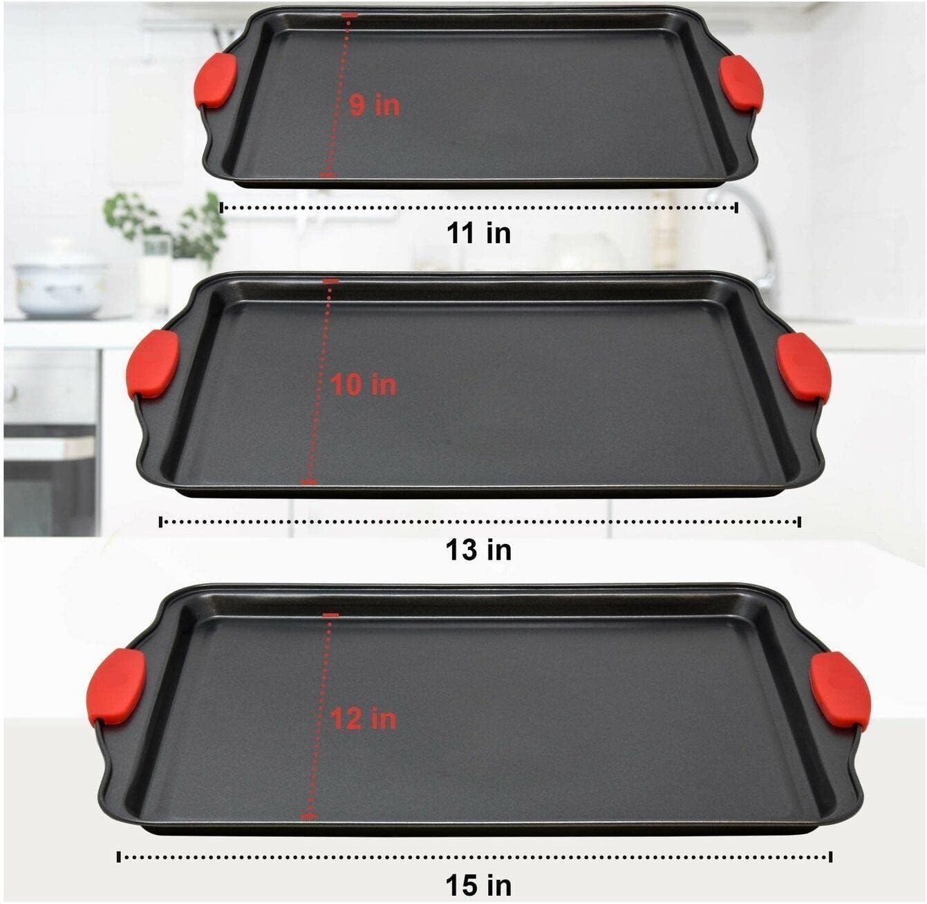 LKOP Nonstick Cookie Sheet Set - 3 Piece Steel Bakeware Set with Red Silicone Grips ScreenM Bakeware sets Baking pans set Sheet pan Baking tray Baking accessories Cookie sheet set