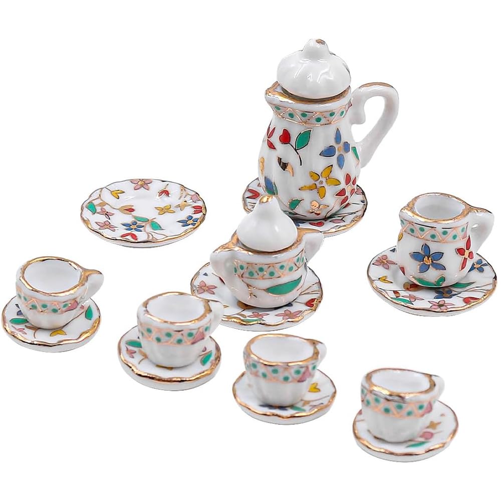 Alnicov Tea Set Miniature Tea Set 15Pcs Dining Ware Porcelain Mugs Doll House Accessories for 1/12 Barbie Dollhouse Lundby Dolls House Dollshouse Miniature - Image 2