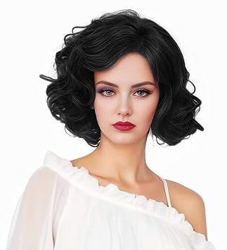 Short Black Wavy Wigs for Women Curly Shoulder Length Natural Wig Synthetic Full Middle Part Wig for Role Play,Halloween,Daily Use