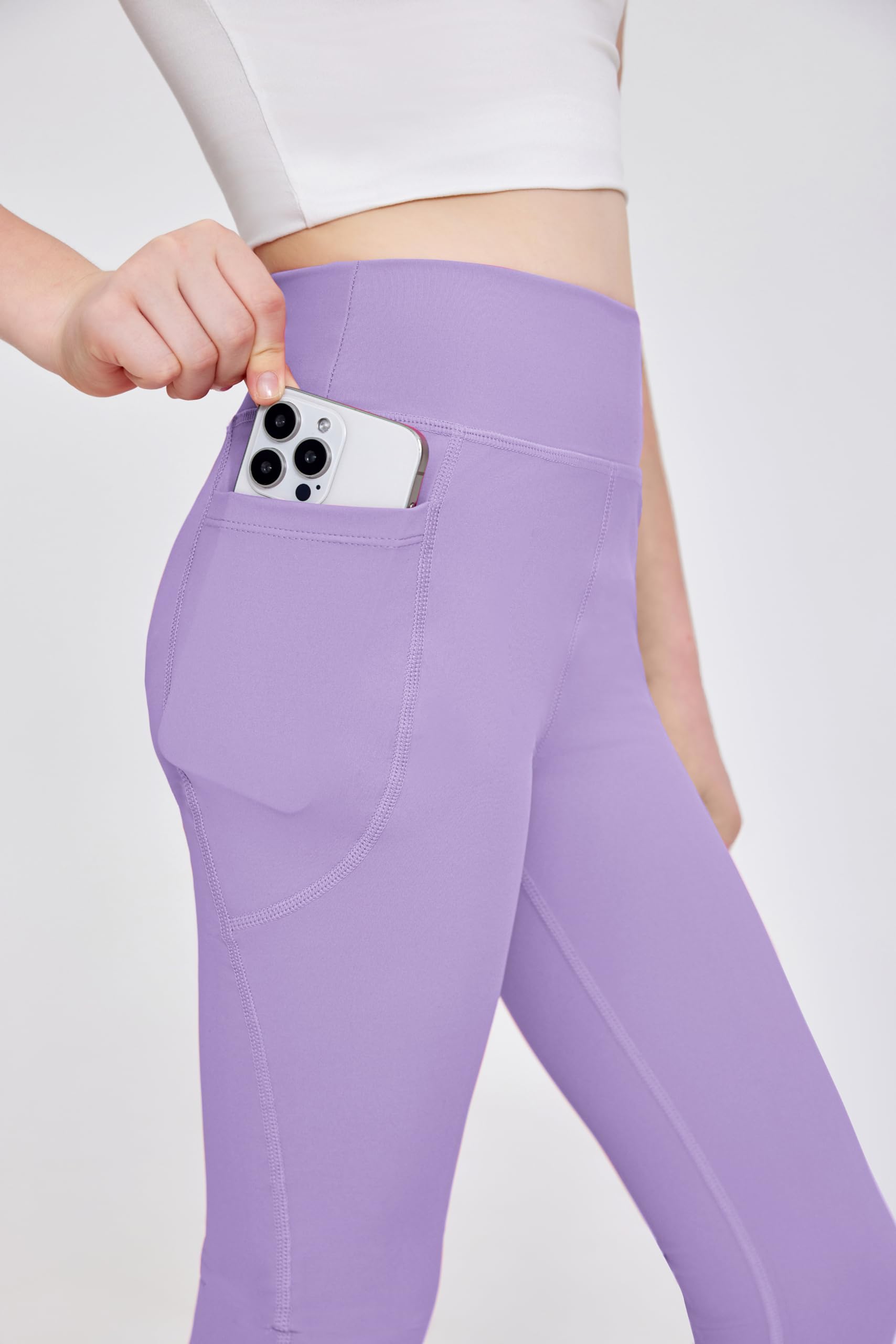 Arshiner Mädchen Leggings Kinder Lang Sportleggins Einfarbig Hohe Taille Sporthose Basic Elastisch Leggings Jogging Training Yoga Hosen mit Taschen 5-14 Jahre - 3