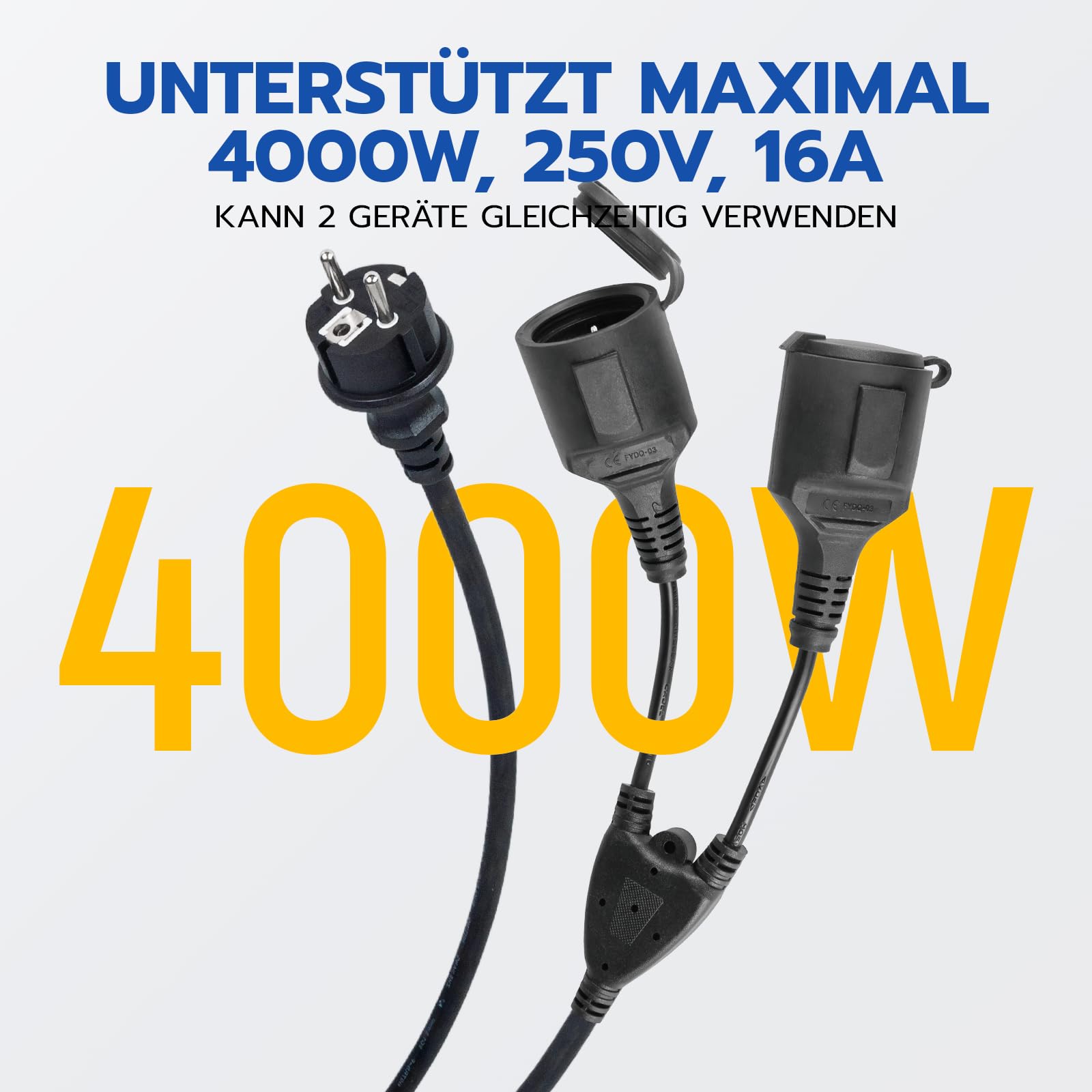 Cavo di prolunga con prese Schuko 20 m, 16 A, 250 V, per esterni, IP44, impermeabile, doppio connettore esterno per giardino, ufficio e casa