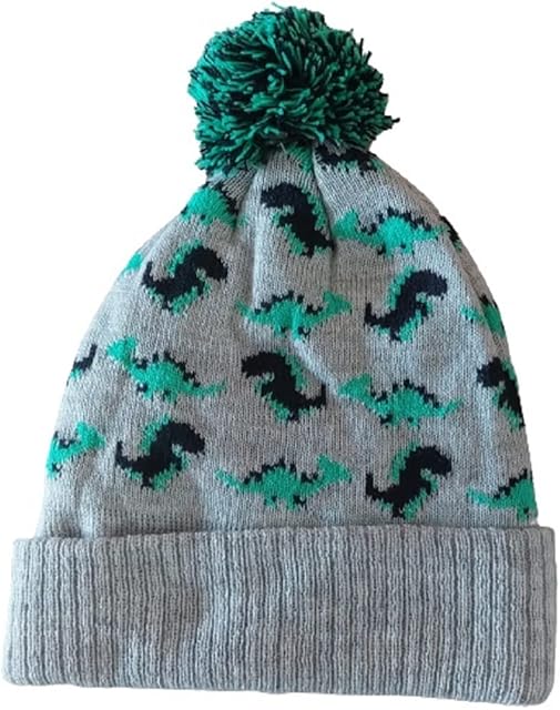 Kids Children Dinosaur Print Hat Beanie Winter Hat with Bobble Size Approx. 4 to 8 Years, Grey