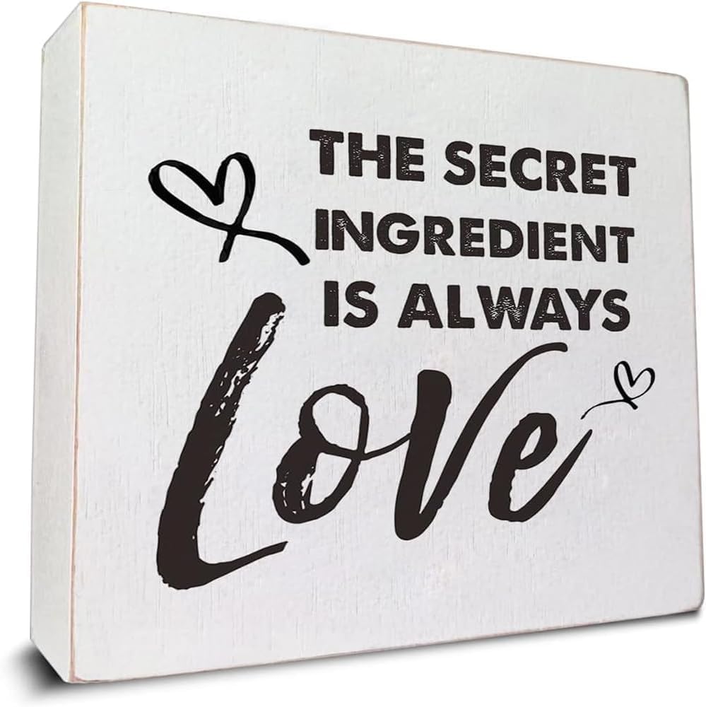 The Secret Ingredient Is Always Love Wood Box Sign Rustic Wood Plaque Farmhouse Block Sign Rustic Home Decor Office Tabletop Desk Decor Gift for Women Men 5x5 Inches