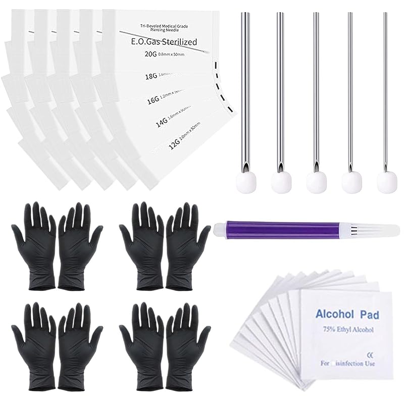 Kit para Piercing Usiriy com 25 Agulhas 12G, 14G, 16G, 18G e 20G, Luvas, Almofadas e Caneta de Marcação