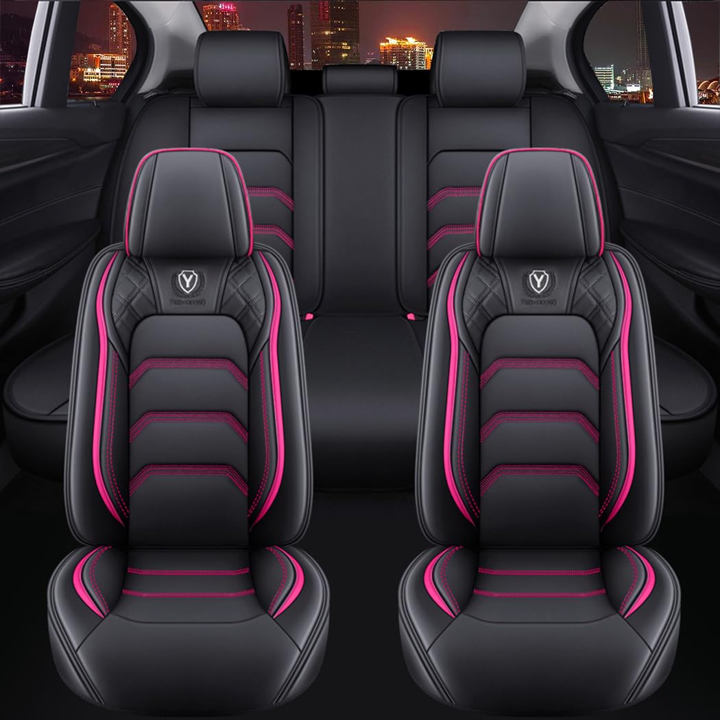 YXQYOEOSO Comfortable Leather Auto Car Seat Covers 5 Seats Full Set Universal Fit (Black & Rose)