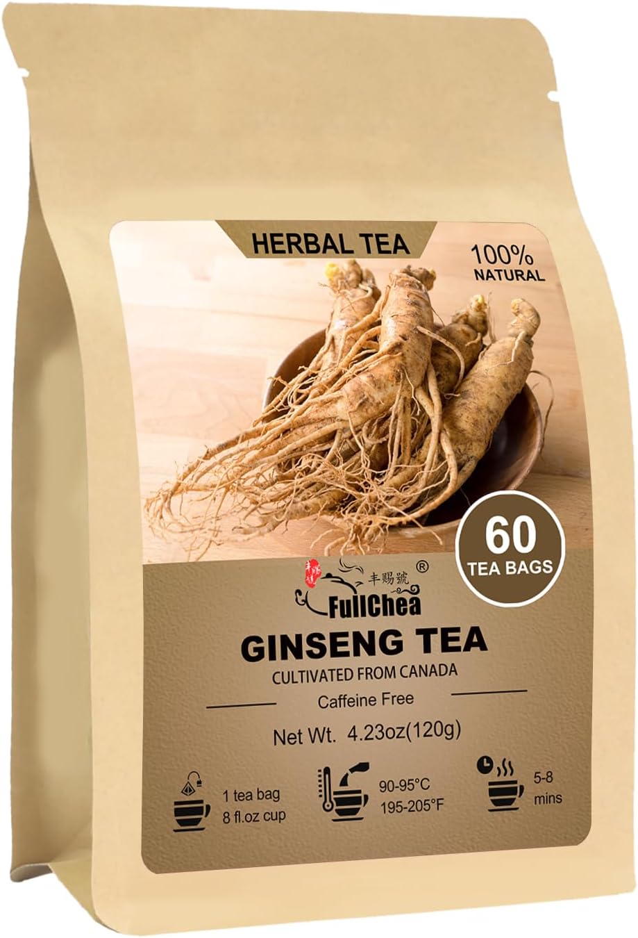 FullChea - Ginseng Tea bags, 60 Teabags - Pure Ginseng Root Tea - Caffeine-Free Herbal Tea with Wellness Support