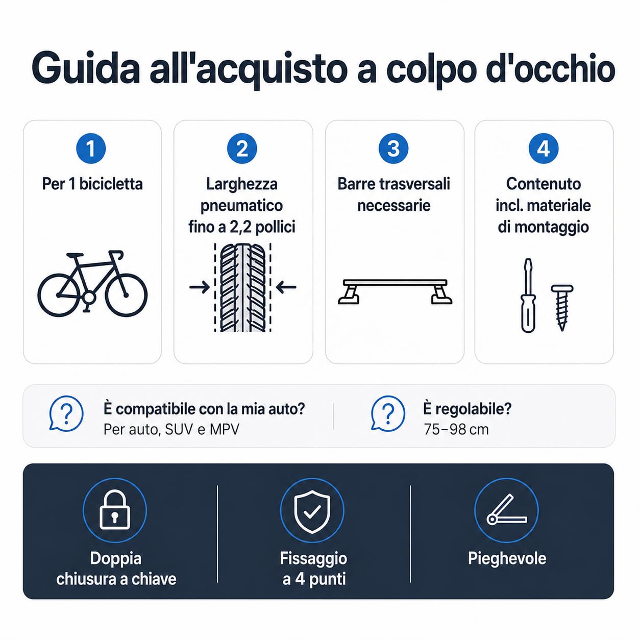 Portabici universale con protezione antifurto per auto SUV fino a 38 pollici | Con doppia chiusura e fissaggio a quattro punti, altezza regolabile da 75 a 98 cm per un trasporto sicuro