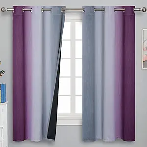 Ombre Purple and Gray Blackout Curtains 63 Inch Length 2 panels, Full Room Darkening Grommet Thermal Insulated Gradient Drapes for Girls Room, Full Light Blocking Curtains for Bedroom, 42x63 Inch