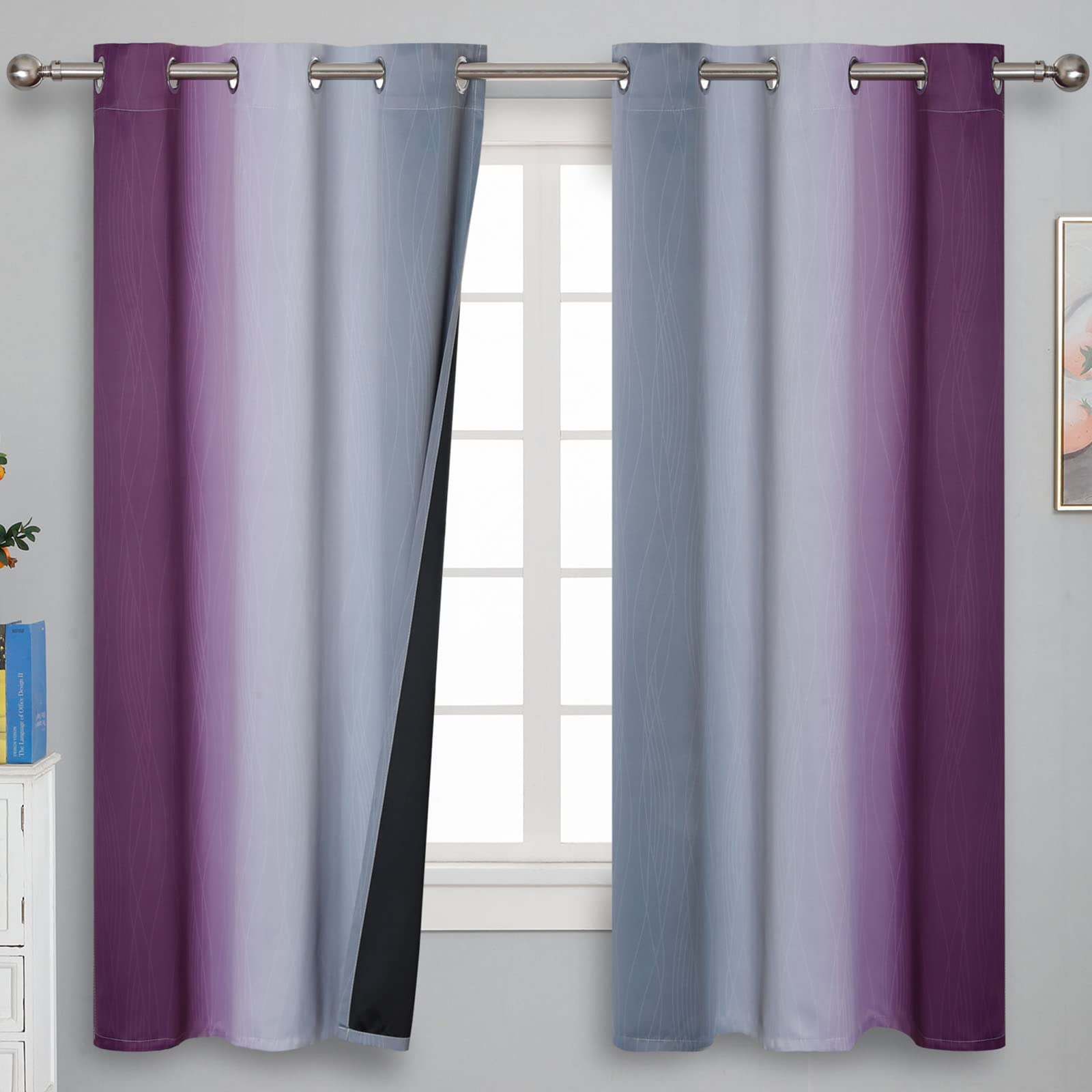 Ombre Purple and Gray Blackout Curtains 63 Inch Length 2 panels, Full Room Darkening Grommet Thermal Insulated Gradient Drapes for Girls Room, Full