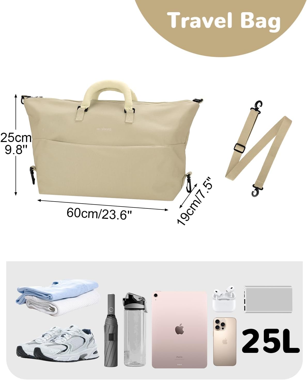 Small Gym Bag with Shoe & Wet Pocket for Women, 25L Waterproof Overnight Weekender Bags, Personal Item Travel Duffle Bag for Airplane, Cute Sports Duffel Bags for Gym Swim Dance, Khaki