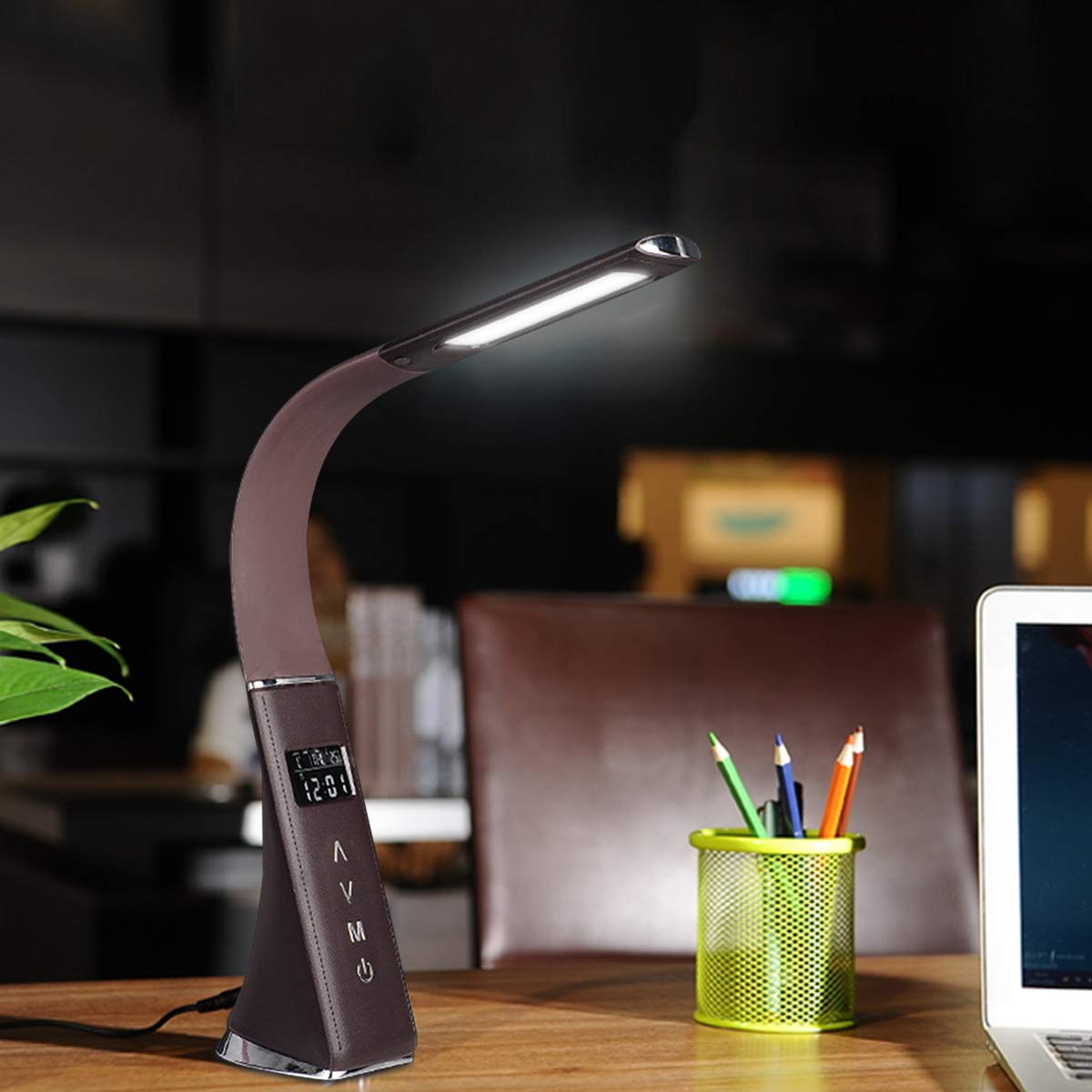 Lampe De Bureau LED, Lampe De Table à Intensité Variable, Avec Calendrier, Thermomètre, Réveil, 3 Modes, 5 Niveaux, Contrôle Tactile, Fonction Mémoire Pour Lire, étudier, Travailler