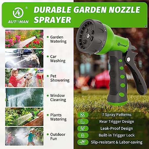 Image of AUTOMAN-Garden-Hose-Nozzle,ABS Water Spray Nozzle with Heavy Duty 7 Adjustable Watering Patterns,Slip Resistant for Watering Plants,Lawn& Garden,Washing Cars,Cleaning,Showering Pets - Green