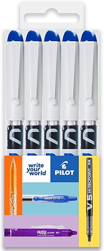 Pilot V PEN - Pluma estilográfica desechable borrable, punta de punta de punta de punta de 0.024 in, línea media, paquete de 5 cartera, tinta azul