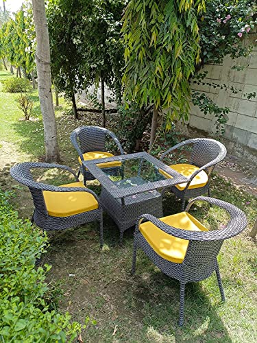 Image of Anaya Decor D-8 Chairs Table Set 4+1 Wicker Patio Furniture Sets 4 Chair and 1 Table with Cushions for Garden Balcony Bedroom Powder Coated Frame Uv Protected Wicker (Black+Yellow)