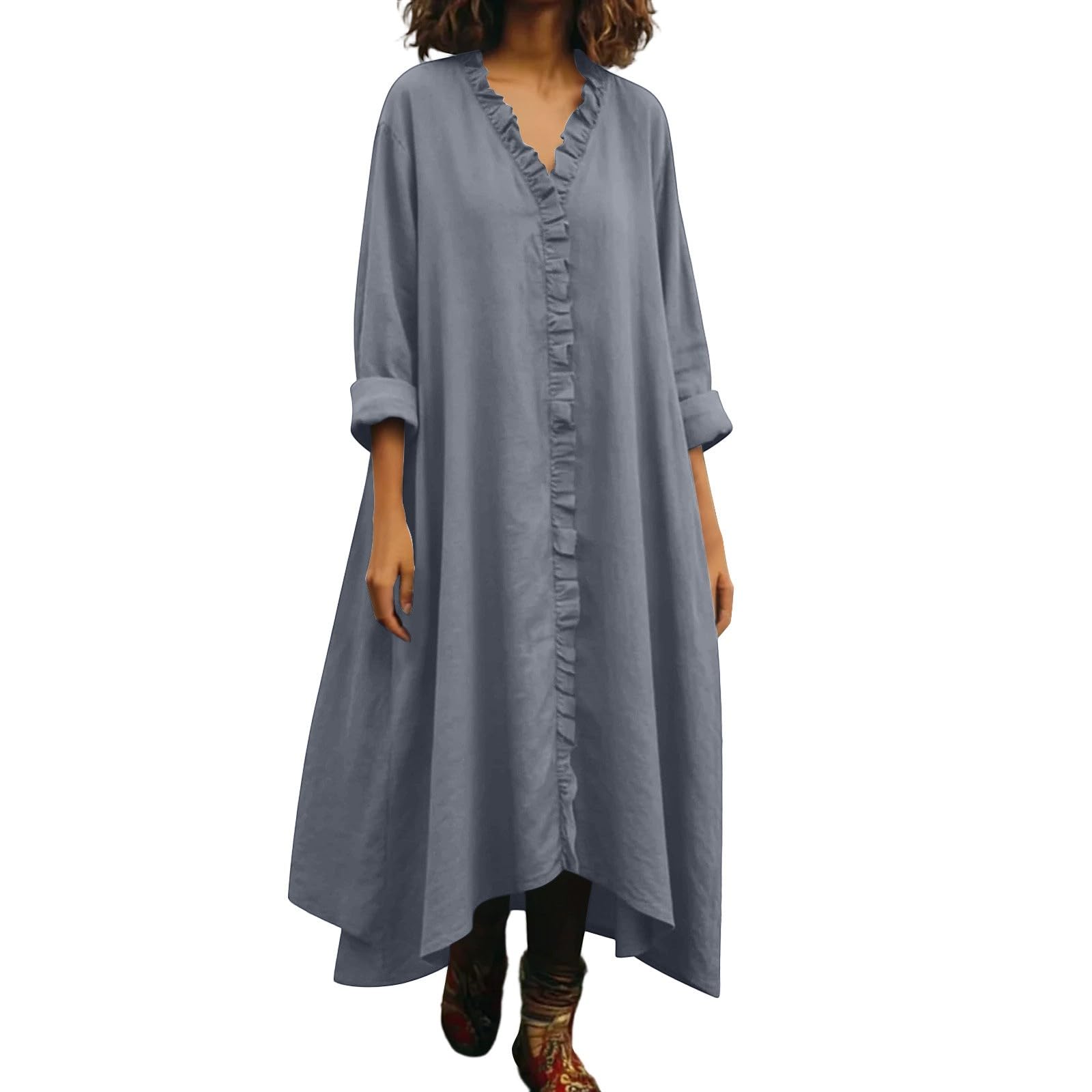 Abiti Estivi Donna Lino Vestito Lungo in Cotone a Maniche a 3/4 Morbido e Traspirante Abiti Mare Casual Tinta Unita Abito Scollo a V Boho Chic Vestiti Larghe e Leggeri Vestiti Baggy da Spiaggia