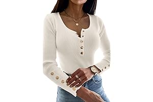 Womens Sexy Long Sleeve Sweater Scoop Neck Button Up Fitted Pullover Shirts Tops