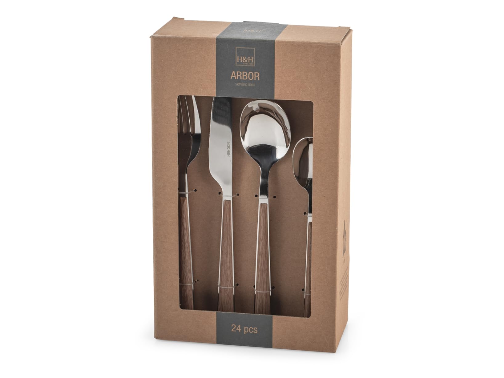 H&H Servizio 24 Posate Tavola Arbor in Acciaio Inox, Manico in ABS Effetto Legno – 6 Cucchiai, 6 Forchette, 6 Coltelli, 6 Cucchiaini – Lavabili in Lavastoviglie