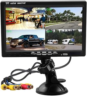Hikity 7 Inch Vehicle Backup Camera Monitor only, Quad Split HD LCD Display Screen, Car Monitor for SUV Van RV Truck, V1/V2/V3/V4 Video Input, 9V/36V + Headrest Mounting Bracket & Dash Stand
