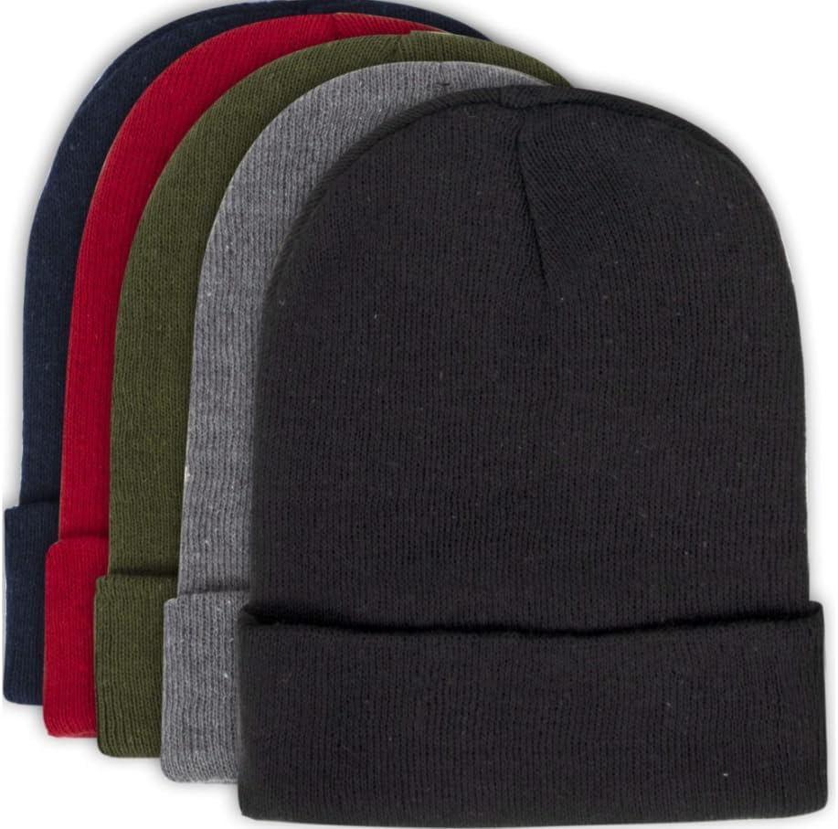 Knit Winter Beanie Hat Set, Pack of 5 Colors, Classic Cuffed Design, Multi-Color - Navy, Red, Olive, Gray, Black
