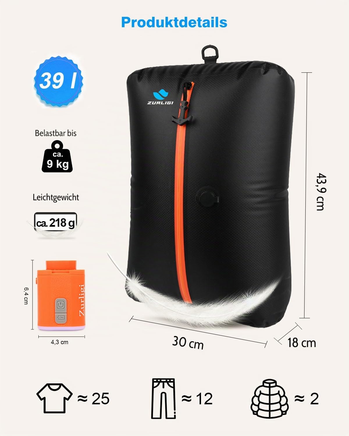 Zurligi 39L Vakuumbeutel-Reiseset mit Pumpe, Nylon, Griff, Schwarz, 3 Stück | Wiederverwendbare, wasserdichte Kompressionsbeutel aus reißfestem Nylon mit Griff für Kleidung, Handgepäck und Reisekoffer