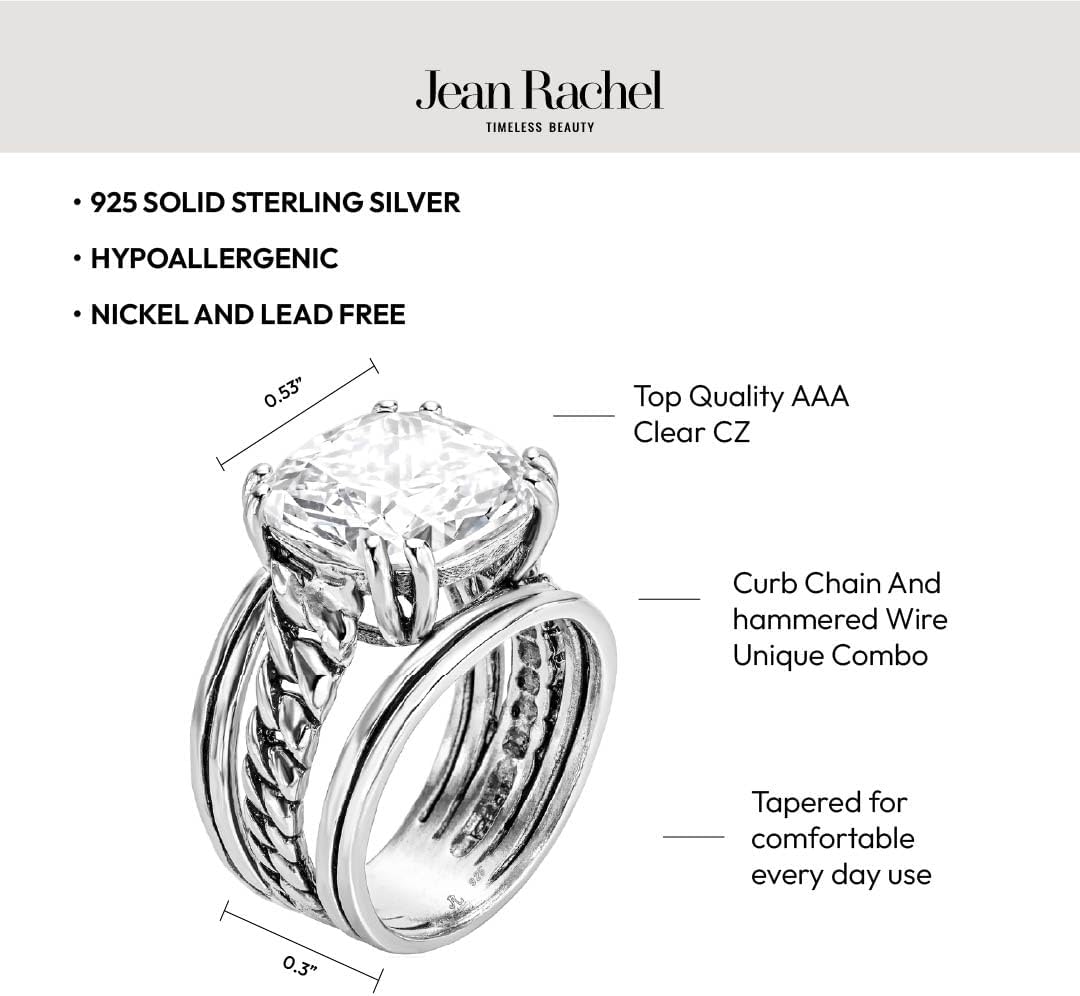 JEAN RACHEL JEWELRY 925 Sterling Silver Ring - Curb Chain Vintage Design with Cushion Shaped Cubic Zirconia - Hypoallergenic, Lead & Nickel Free - Artisan Handcrafted Statement Rings for Women - Image 5