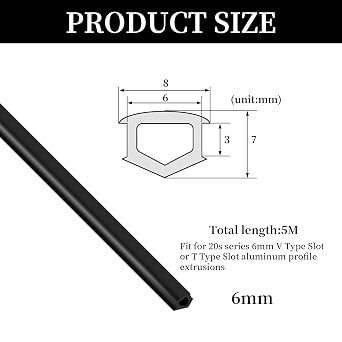 Dust Protection Soft Cover Seal Strip,3D Printer Accessory Flat Seal for 20 Series 6mm V-Slot T-Slot Aluminum Profile Extrustion(Black,5M)