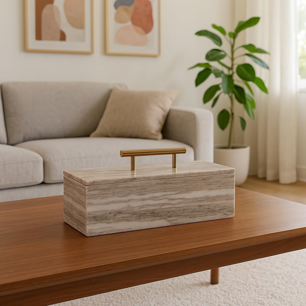 Decorative Rectangular Marble Boxes with Metal Handle for House Decor - Elegant Jewelry, Keepsake, and Storage Box - Perfect Home Organizer Box for Coffee Table or Office Desk - 8", Ivory & Gray
