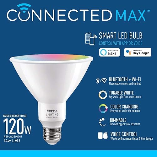 Miniatura 3 de Cree Lighting Connected Max - Bombilla LED inteligente Par38 para exteriores, ajustable con cambio de color, 2.4 GHz, funciona con Alexa y Google