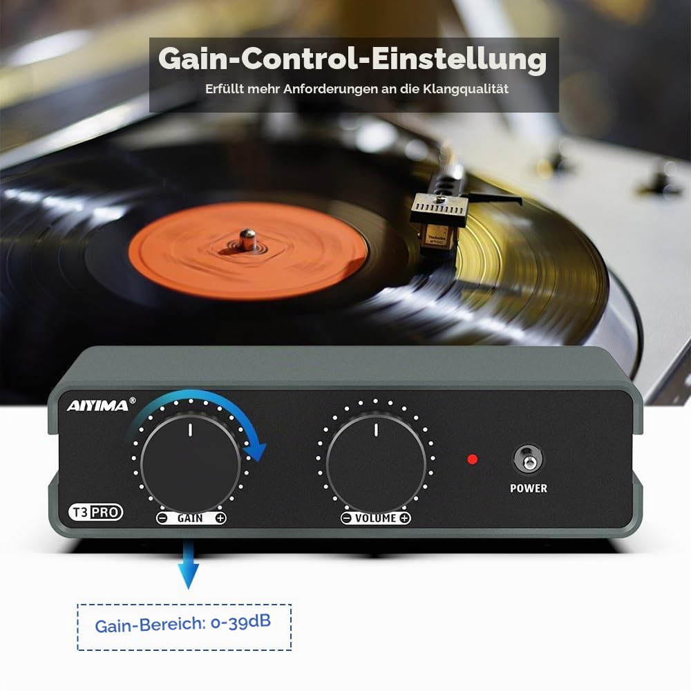 AIYIMA T3PRO MM/MC RIAA Phono-Vorverstärker für Plattenspieler/Schallplattenspieler/Heimverstärker, professioneller Phonographen-Vorverstärker mit Verstärkungs- und Lautstärkeregelung und AC-Netzteil