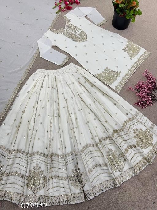 Image of Shishkala Women's White Embroidered Georgette Sharara Set with Dupatta | Party Kurta Pant | Festive Wedding Ethnic Dress for Women Elegant dress