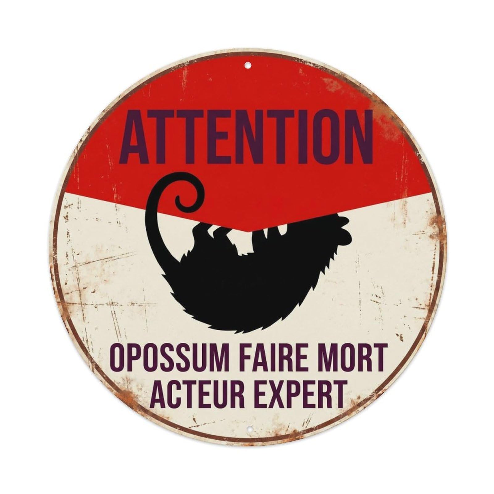 Danger Alert Wildlife Novelty Possum Playing Dead Safety Metal Tin Sign Plaque Wall Decor for Cafe, Man Cave, Club Bar, Office, Home Garden Round Metal Poster 8x8Inch