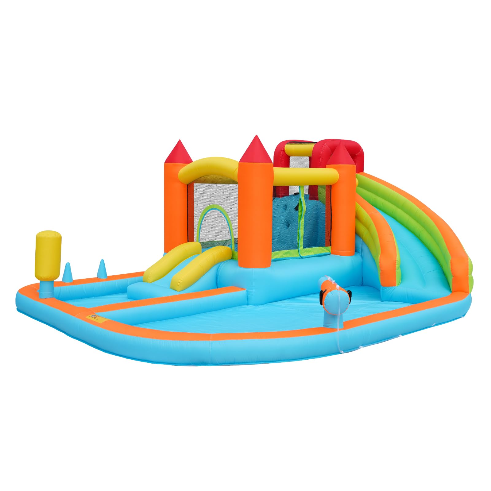 Castello Gonfiabile Multifunzionale da Esterno con soffiatore, Scivolo Acquatico + Trampolino + Canestro da basket+ Pistola Acqua, 2 aree Piscine, Scivolo Grande e Piccolo, Parco Acquatico per Bambini