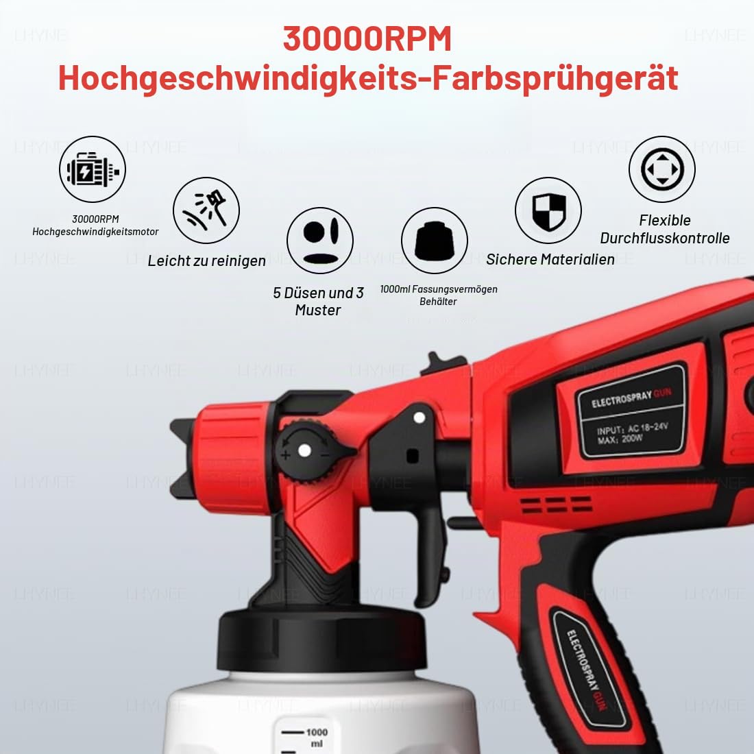 Akku Farbsprühsystem, 21V 30000RPM Kabellos Lackierpistole Mit 2X 5000mAh Akkus, 5 Düsen Und 3 Sprühmodi, 1000ML Behälter, Farbsprühpistole Elektrisches Zum Streichen Von Wänden, Zäunen Und Decken