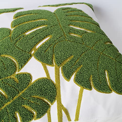 Hodeco Embroidery Throw Pillow Covers 18X18 Inch Green Tropical Monstera Leaves Loop Plant Floor Pillow Cover For Couch 100% Cotton Decorative Cushion Cover Pillow Case 45X45Cm, 1 Piece #TOP5