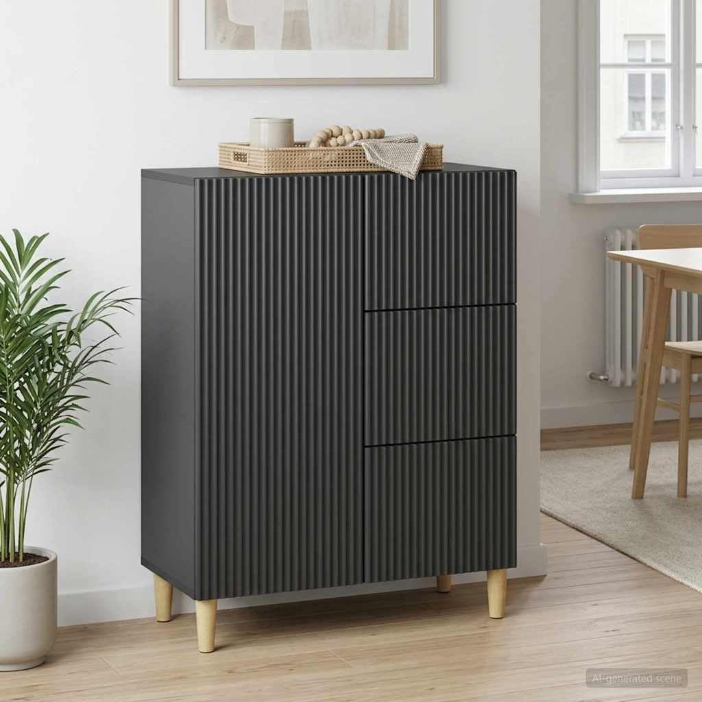 Credenza nera, 66 x 34,5 x 90 cm, in legno, con 3 cassetti e porta basculante a 90°, per soggiorno, sala da pranzo, corridoio, ufficio