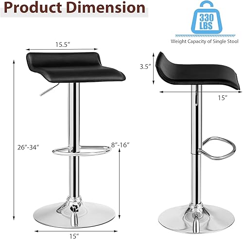 Miniatura 3 de Casart Juego de 4 taburetes de bar ajustables giratorios de piel sintética con mango de elevación de aire, reposapiés, base cromada, estilo moderno