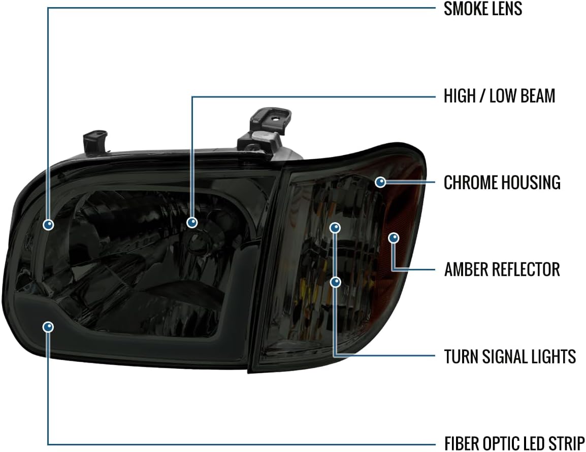 Ronnin - Fits 2005-2006 Toyota Tundra 2005-2007 Sequoia Upgraded LED Running Tube Lights Headlights + Corner Lights Replacement Assembly Pair | Smoke