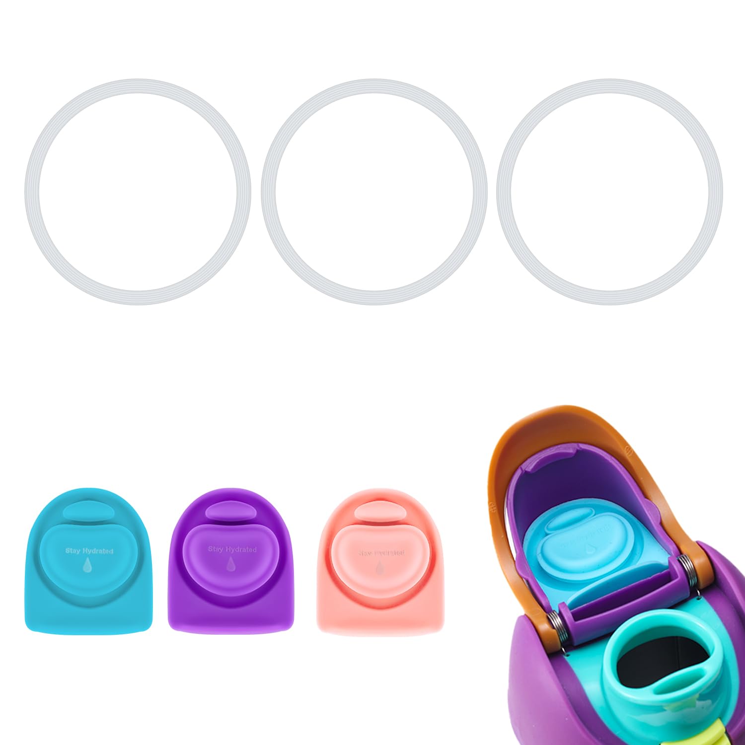 3pcs Bottle O Seal Ring & 3pcs Replacement Stoppers for Owala Freesip Cap, Silicone BPA Free Water Bottle Top Lid Gasket Parts for Owala Freesip 16/19/24/32/40oz (Pink, Cyan, Purple)