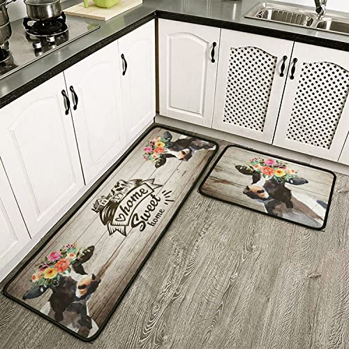 Farmhouse Kitchen Rugs Bull's Head Flower Kitchen Mat Home Sweet Home Cow Floor Rug Non Slip Kitchen Runner Rug Throw Rugs Indoor/Outdoor Floor Mat For Home Kitchen Entrance Door Mat 17X30+17X47Inch #TOP1