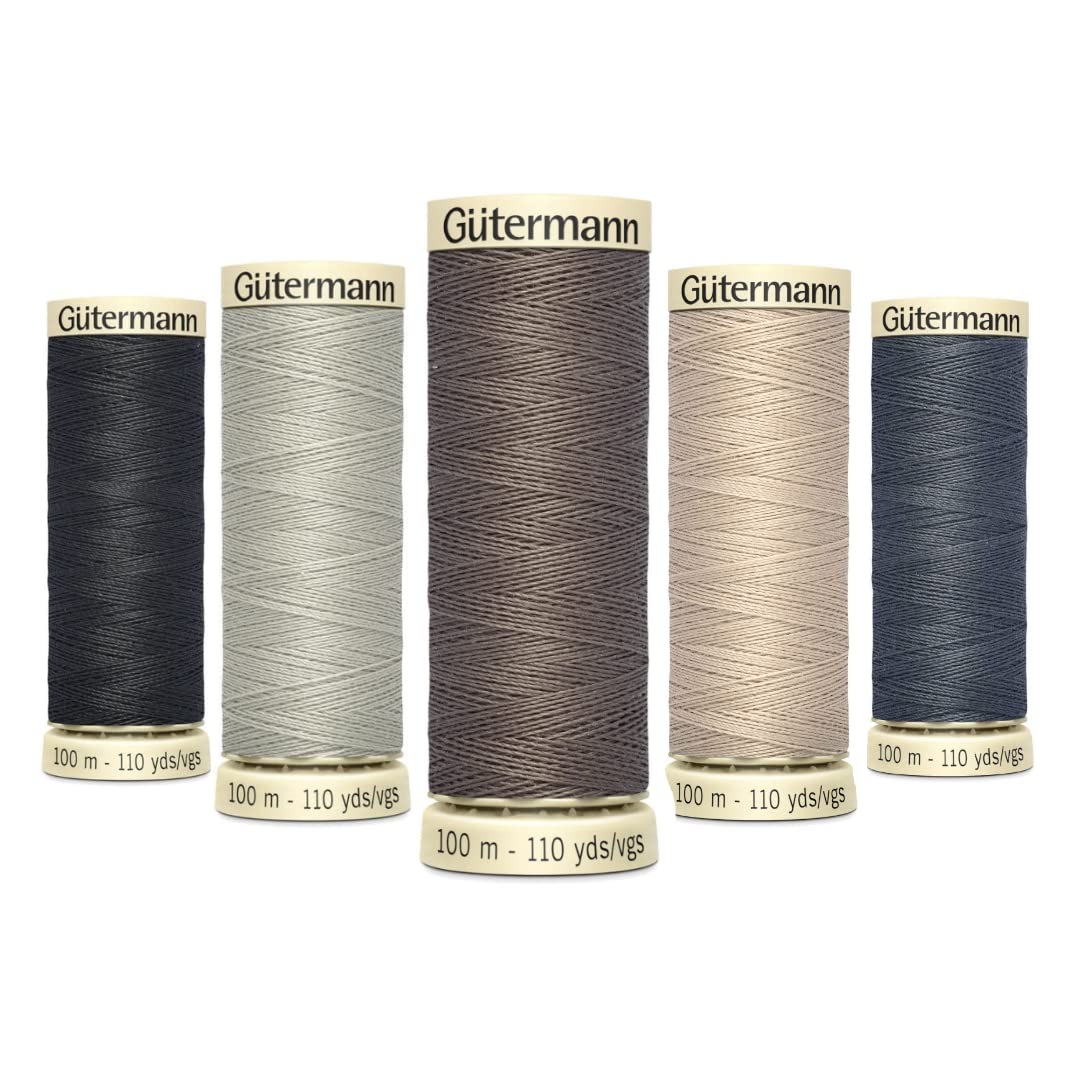 Gutermann Sew All Polyester Threads Pack of 5 Colour Shades 100m Each for Machine & Hand Sewing (Grey Bundle)